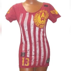 Affliction Y2k Old Glory Flag Baby Tee Woman Sz Med Distresed Red Skull Wings